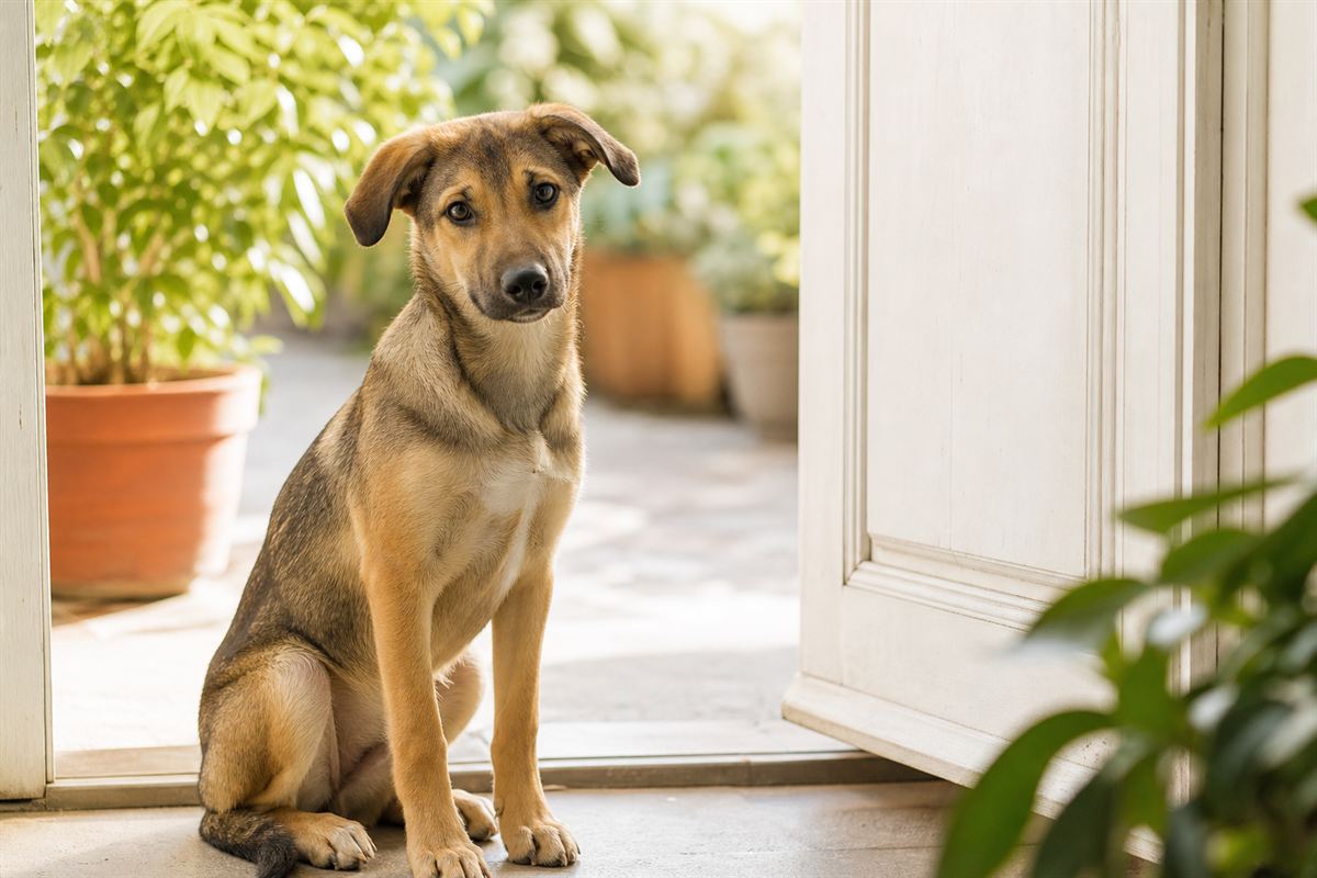 Ein junger Hund sitzt ruhig an einer offenen Tür und schaut aufmerksam nach vorne