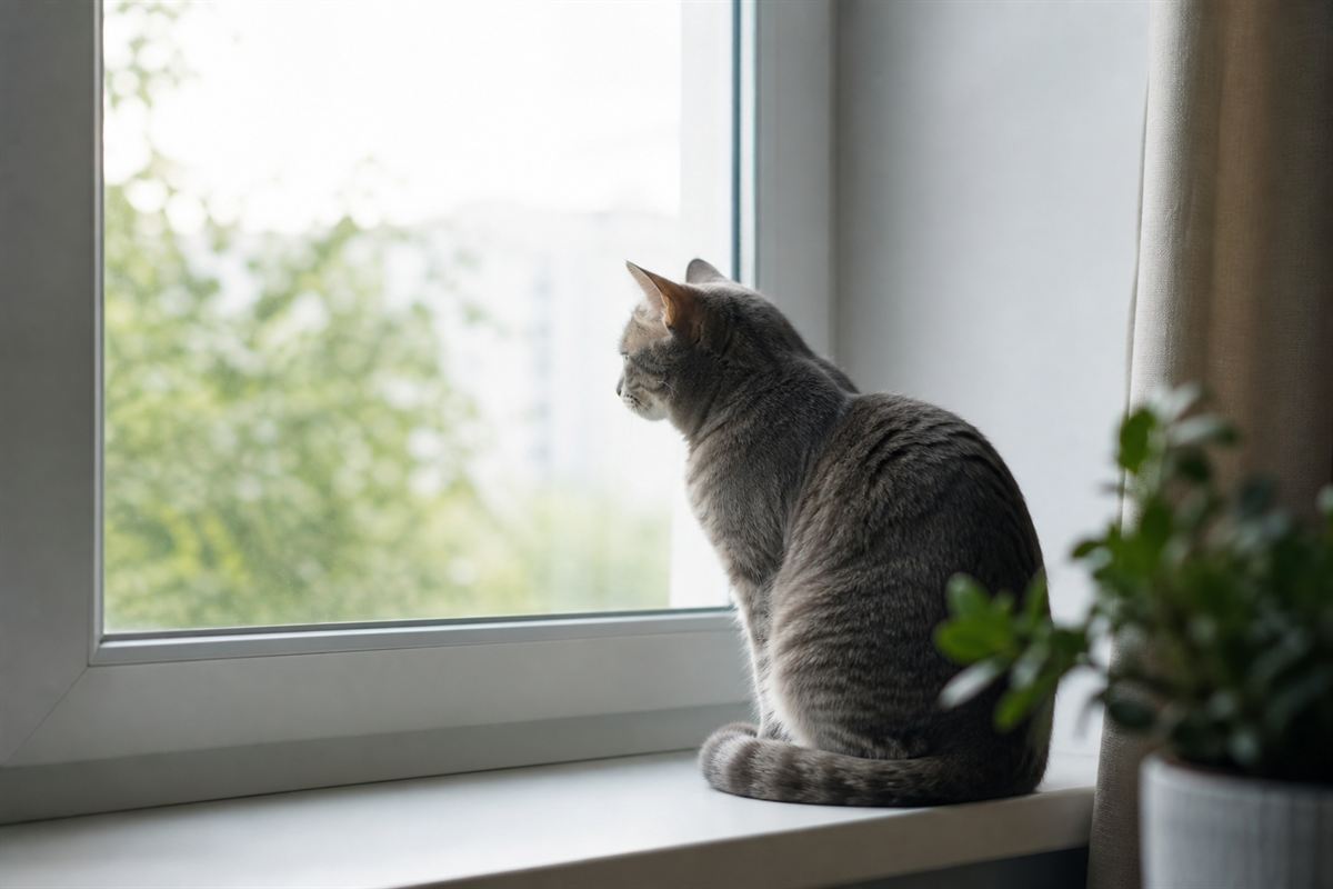 Eine Katze sitzt ruhig am Fenster und blickt nach draußen